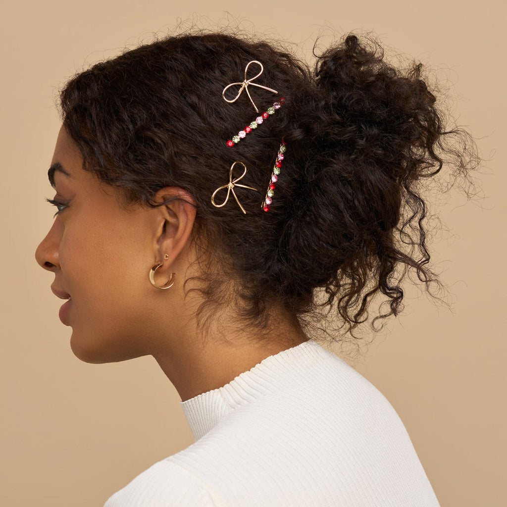Red. Pink. & Green Gemstone and Bow Bobby Pins