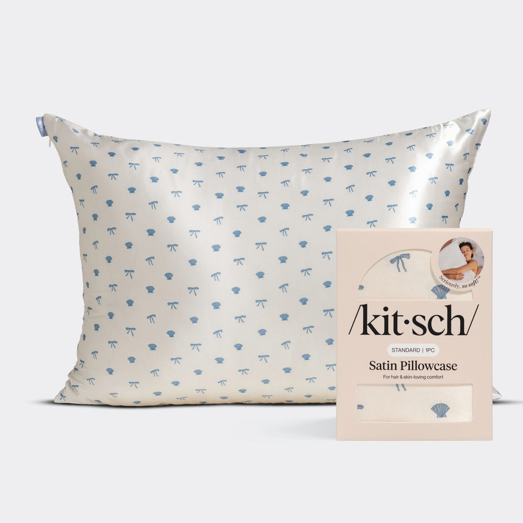 Satin Pillowcase in Pearlized Cream & Coastal Blue Print 4 Pack