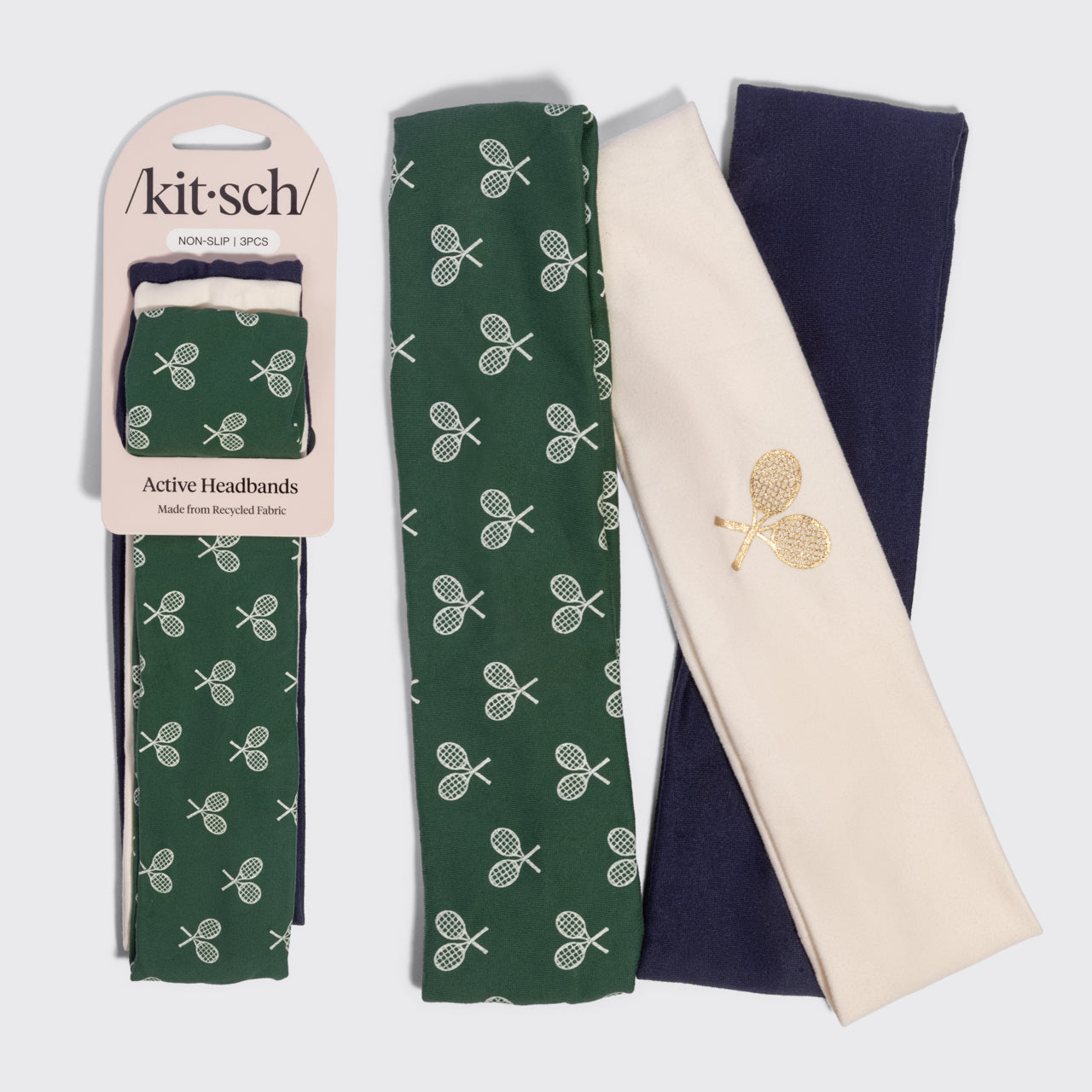 Cream. Court Green & Navy Blue Active Headbands 3pc Set
