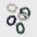 Cream. Court Green & Navy Blue Ruched Satin Scrunchies 5pc Set