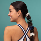 Cream. Court Green & Navy Blue Ruched Satin Scrunchies 5pc Set