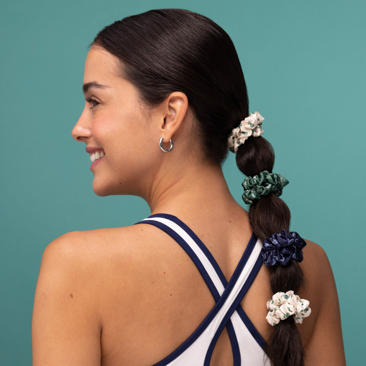 Cream. Court Green & Navy Blue Ruched Satin Scrunchies 5pc Set