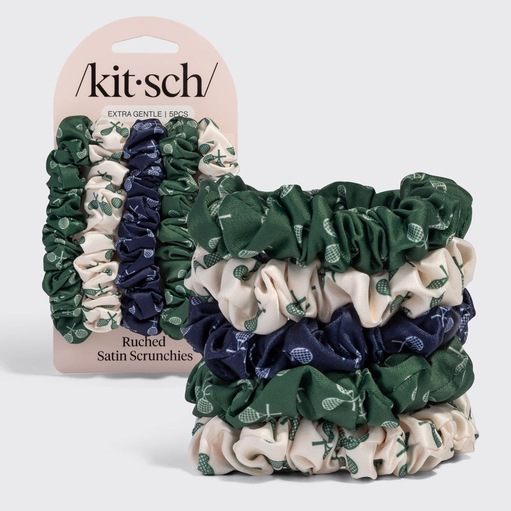 Cream. Court Green & Navy Blue Ruched Satin Scrunchies 5pc Set