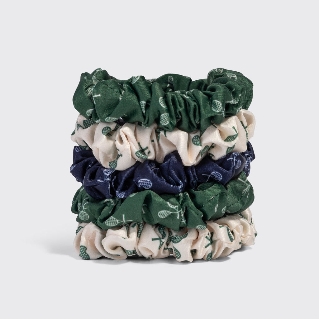 Cream. Court Green & Navy Blue Ruched Satin Scrunchies 5pc Set