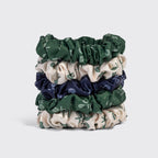 Cream. Court Green & Navy Blue Ruched Satin Scrunchies 5pc Set