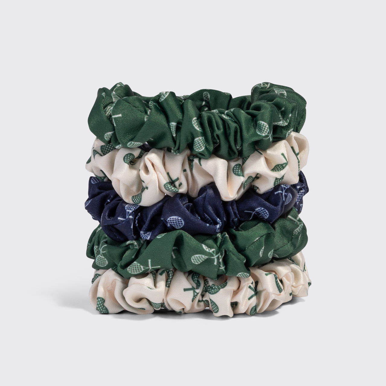 Cream. Court Green & Navy Blue Ruched Satin Scrunchies 5pc Set