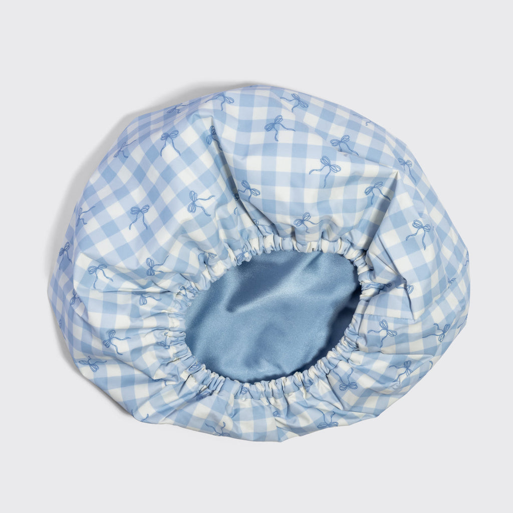 Gingham Blue Satin Lined Flexi Shower Cap